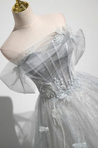 Abito da sera in tulle a linea A con spalle scoperte, grazioso corpetto, abito da festa lungo fino a terra