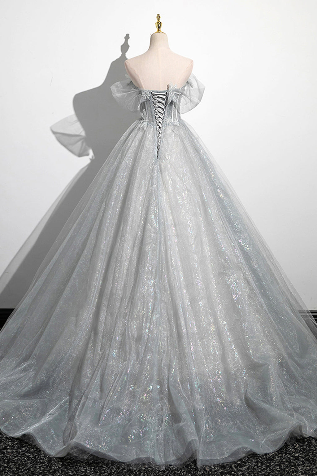 Abito da sera in tulle a linea A con spalle scoperte, grazioso corpetto, abito da festa lungo fino a terra