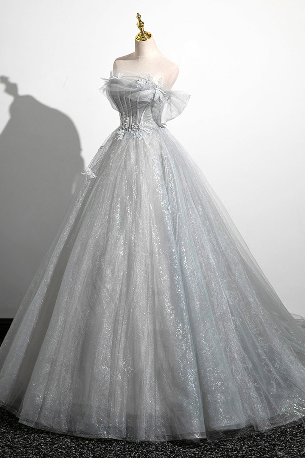 Abito da sera in tulle a linea A con spalle scoperte, grazioso corpetto, abito da festa lungo fino a terra