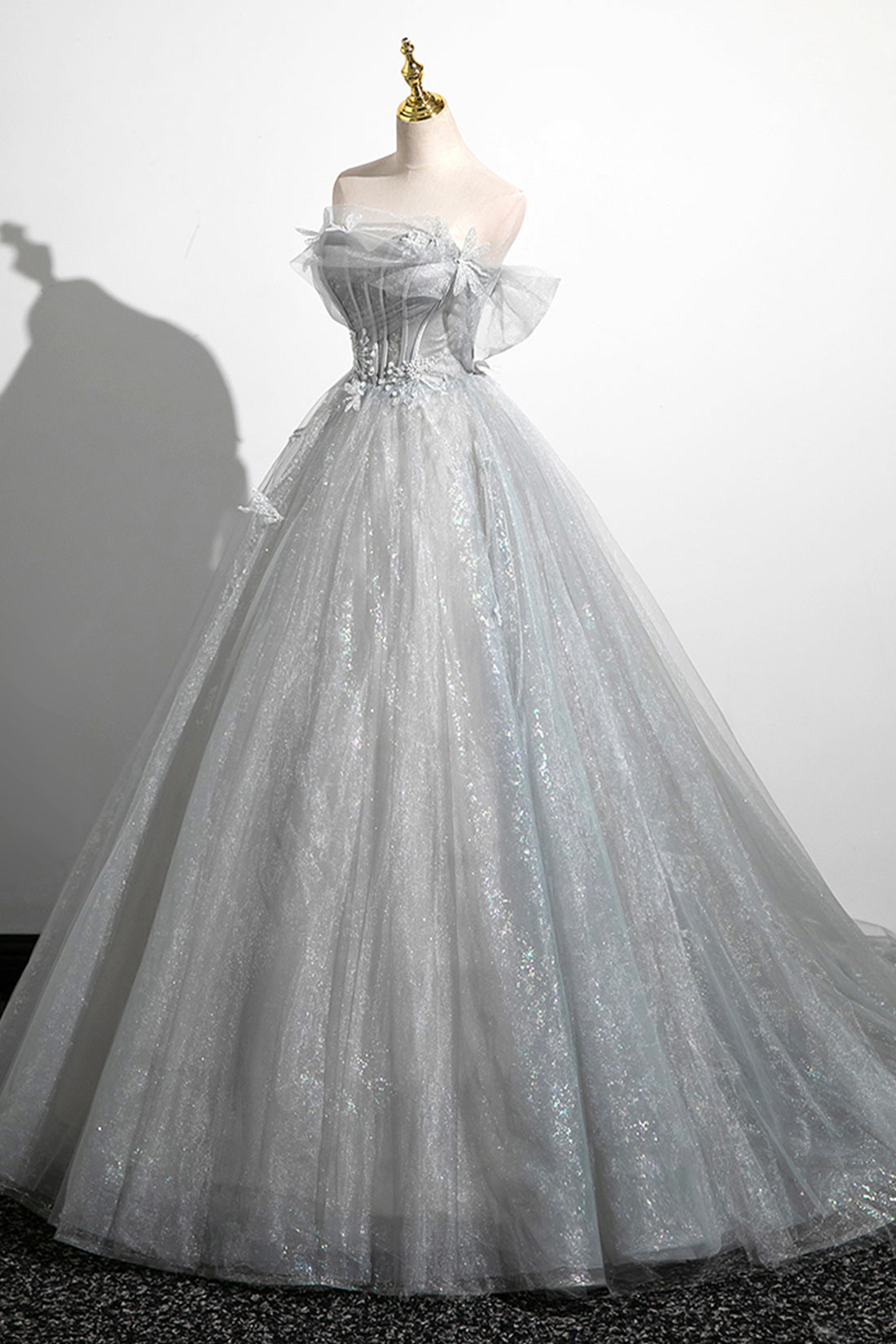 Abito da sera in tulle a linea A con spalle scoperte, grazioso corpetto, abito da festa lungo fino a terra