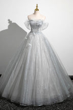Abito da sera in tulle a linea A con spalle scoperte, grazioso corpetto, abito da festa lungo fino a terra