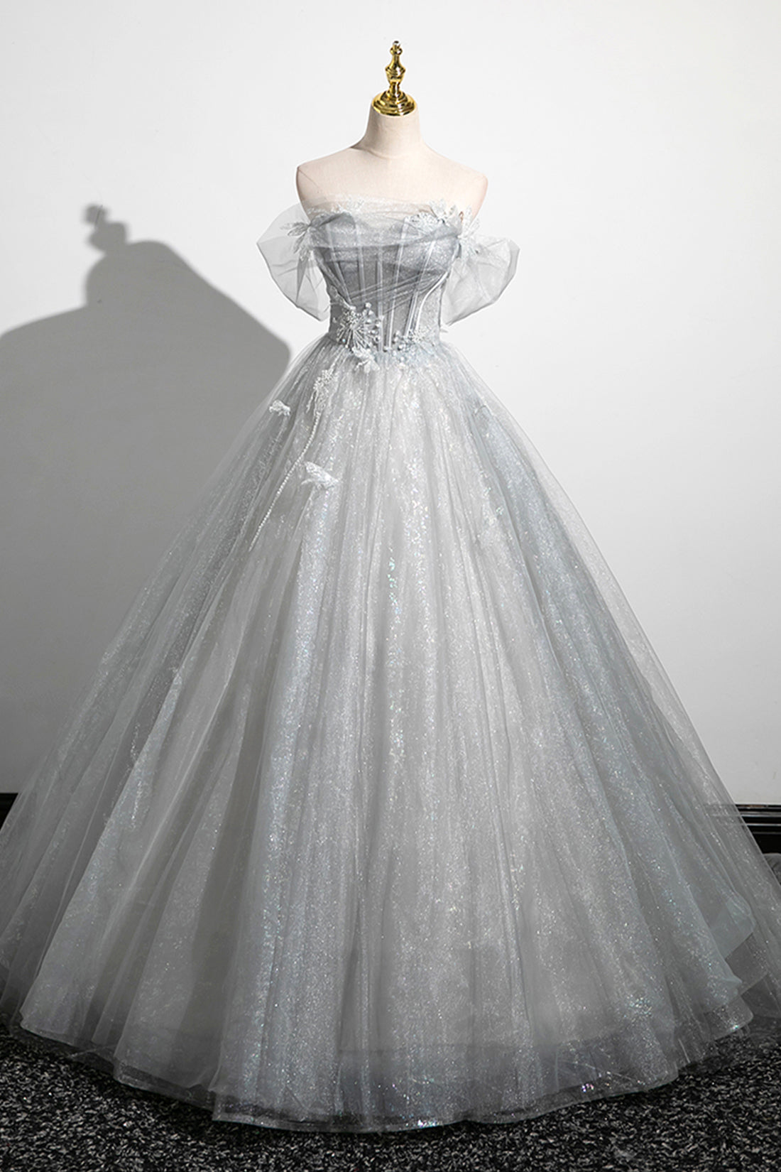 Abito da sera in tulle a linea A con spalle scoperte, grazioso corpetto, abito da festa lungo fino a terra