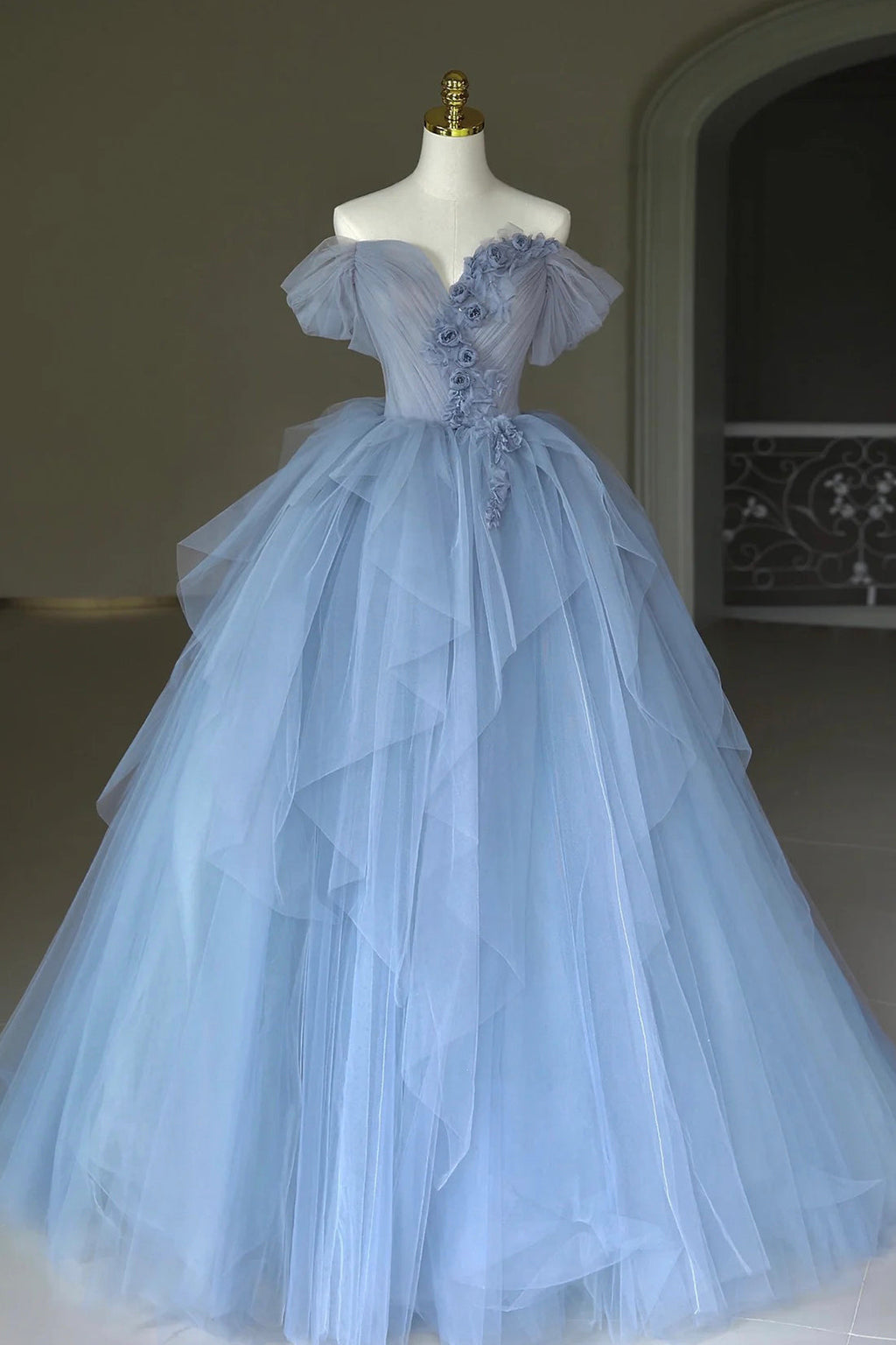 Tulle Floor Length Prom Dress, Off the Shoulder Evening Dress with 3D Flowers
