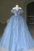Tulle Floor Length Prom Dress, Off the Shoulder Evening Dress with 3D Flowers