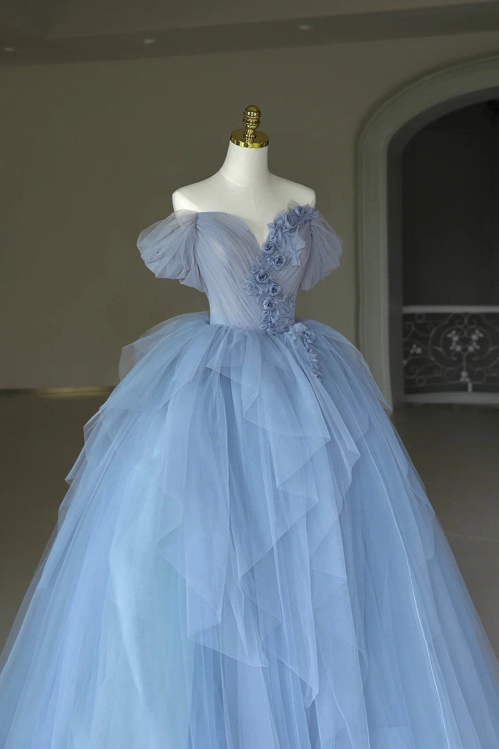 Tulle Floor Length Prom Dress, Off the Shoulder Evening Dress with 3D Flowers