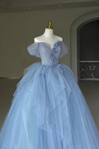 Tulle Floor Length Prom Dress, Off the Shoulder Evening Dress with 3D Flowers