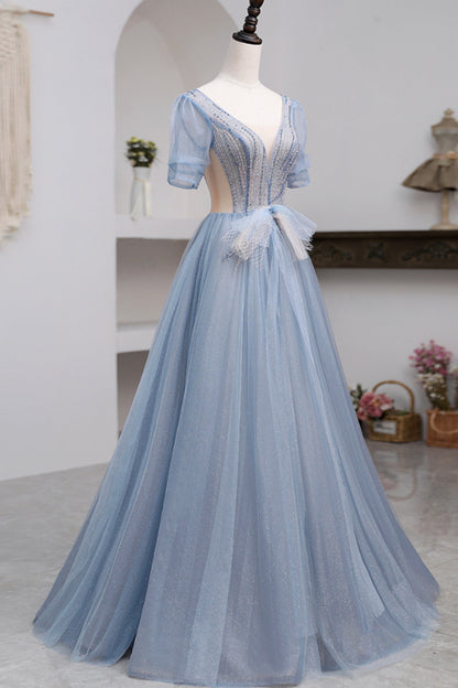 Short Sleeve Tulle Floor Length Prom Dress with Beaded