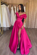 Elegante vestido de fiesta largo de satén con hombros descubiertos y corte A, vestido de noche plisado de satén rosa intenso con abertura