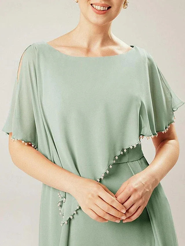 Robe fourreau/colonne à manches courtes pour la mère de la mariée avec pompon