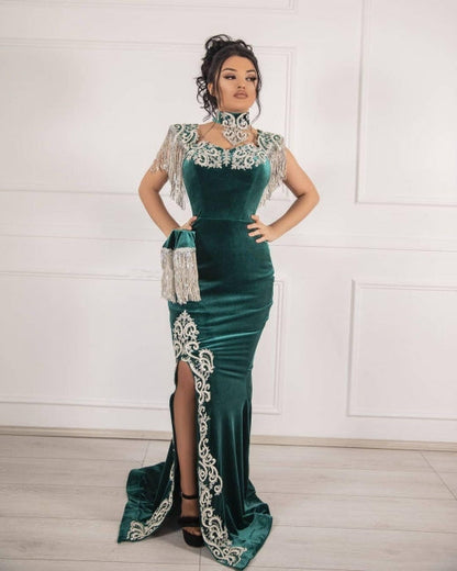 Vestidos de fiesta de sirena largos con abertura en terciopelo verde oscuro