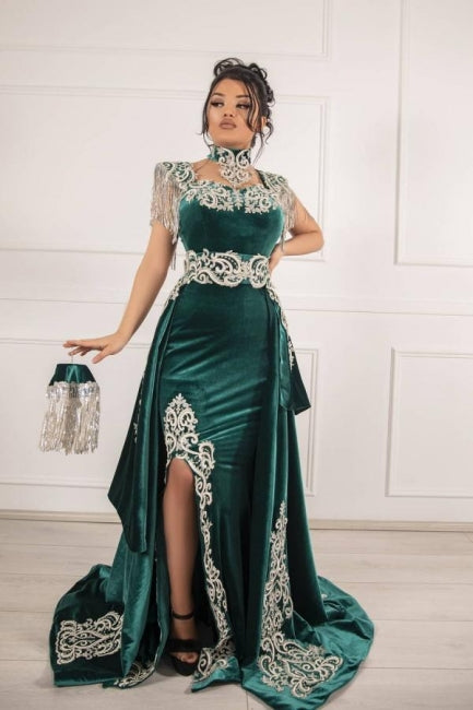 Vestidos de fiesta de sirena largos con abertura en terciopelo verde oscuro