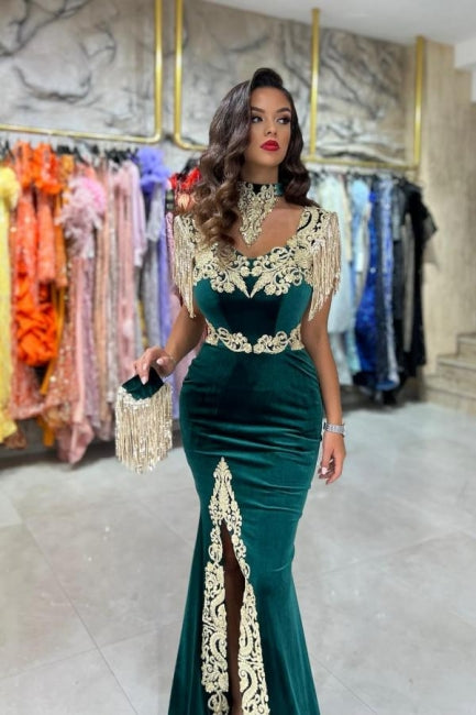 Vestido de noche largo de terciopelo, vestido de fiesta sin mangas de encaje de diseñador con abertura