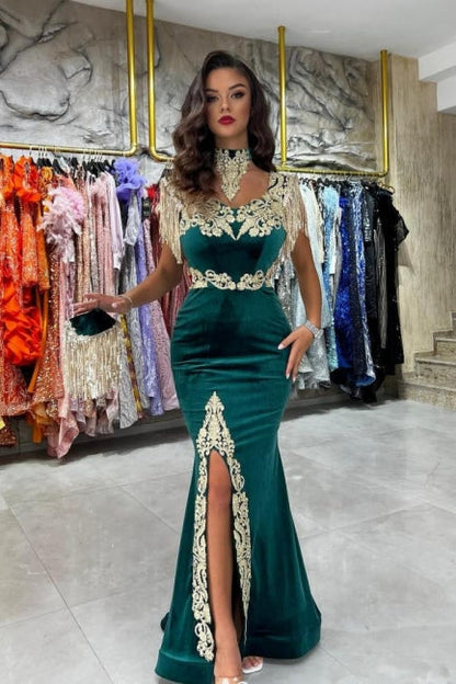 Vestido de noche largo de terciopelo, vestido de fiesta sin mangas de encaje de diseñador con abertura