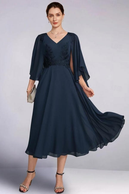 Abito da sposa madre vintage in chiffon a linea ad A con scollo a V, maniche lunghe, abiti da damigella con applicazioni