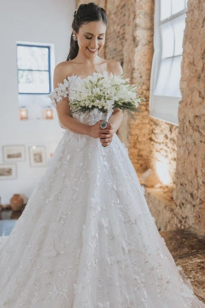 Vestidos de novia vintage blancos sin mangas, con hombros descubiertos, encaje y apliques