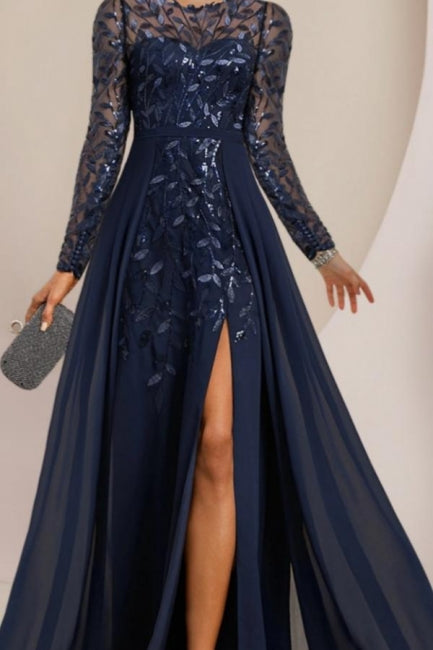 Abito da sposa madre della sposa vintage a linea ad A in pizzo con scollo rotondo e maniche lunghe, abiti da damigella con applicazioni