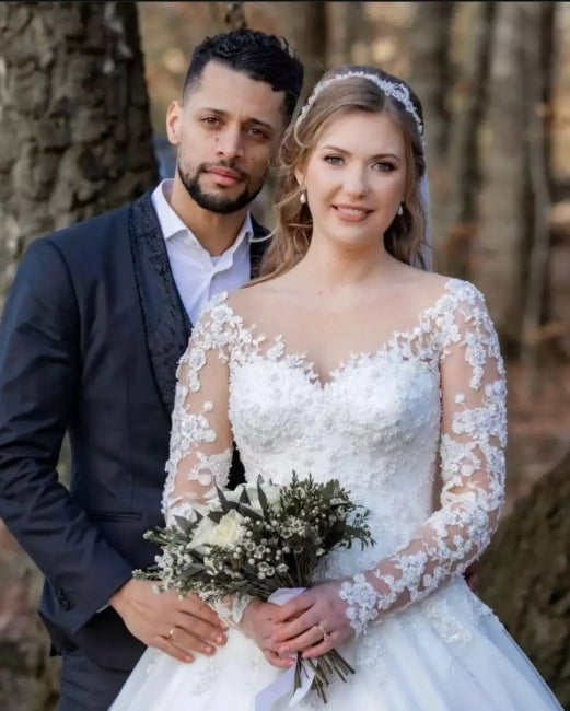 Vestidos de novia vintage de encaje con corte A y mangas