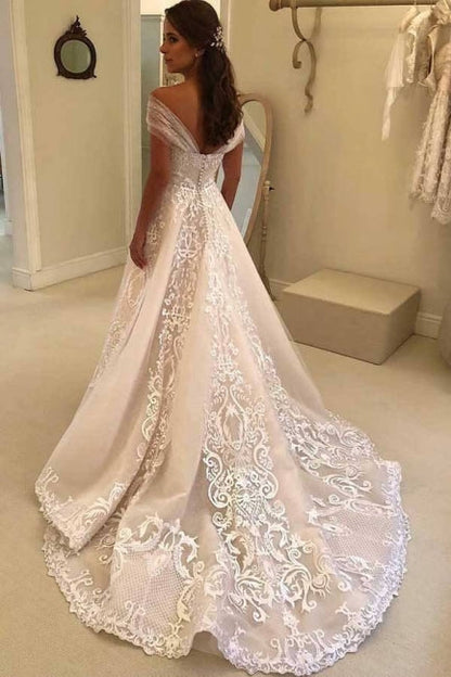 Vestido de novia vintage de corte A con hombros descubiertos y corte triangular con encaje