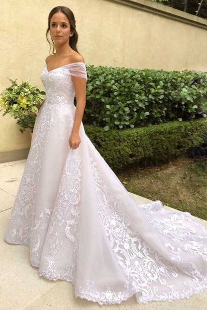 Vestido de novia vintage de corte A con hombros descubiertos y corte triangular con encaje