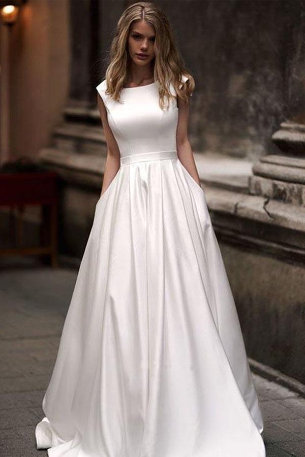 Vintage A-line Princess Ivory Satin Long Wedding Dresses with Pockets