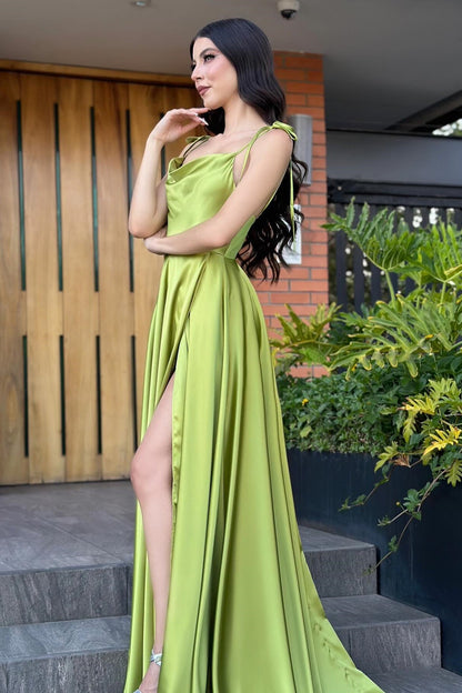 Vestido de fiesta vintage verde sin mangas, de satén, corte A, con hombros descubiertos y volantes abiertos