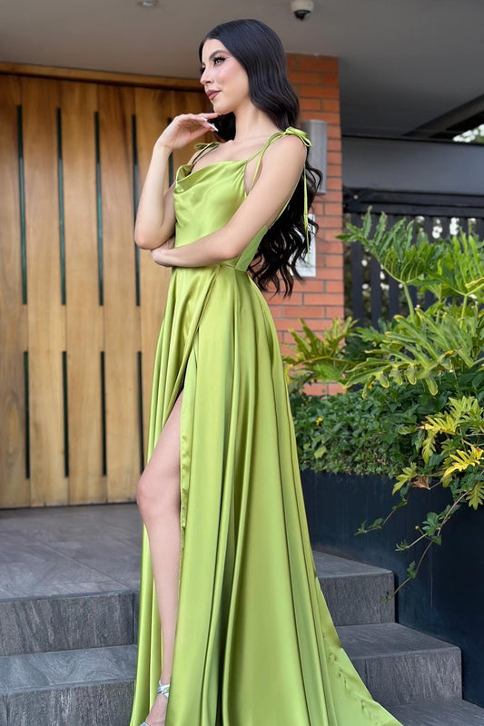 Vestido de fiesta vintage verde sin mangas, de satén, corte A, con hombros descubiertos y volantes abiertos