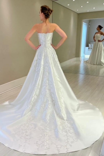 Vintage A-Linie Satin Ärmelloses Weißes Langes Brautkleid Mit Applikationen