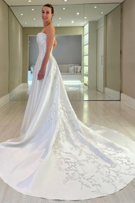 Vintage A-Linie Satin Ärmelloses Weißes Langes Brautkleid Mit Applikationen