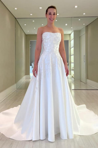 Vintage A-Linie Satin Ärmelloses Weißes Langes Brautkleid Mit Applikationen