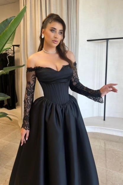 Vestido de fiesta vintage de satén con escote en forma de A, manga larga y apliques negros