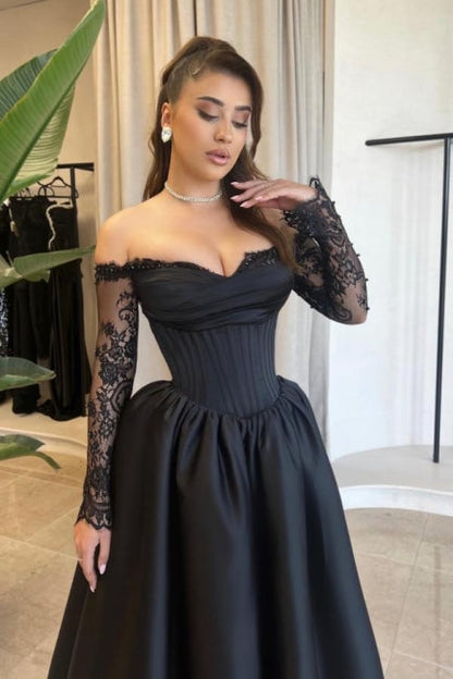 Vestido de fiesta vintage de satén con escote en forma de A, manga larga y apliques negros