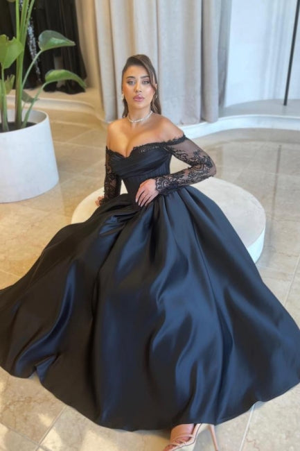 Vestido de fiesta vintage de satén con escote en forma de A, manga larga y apliques negros