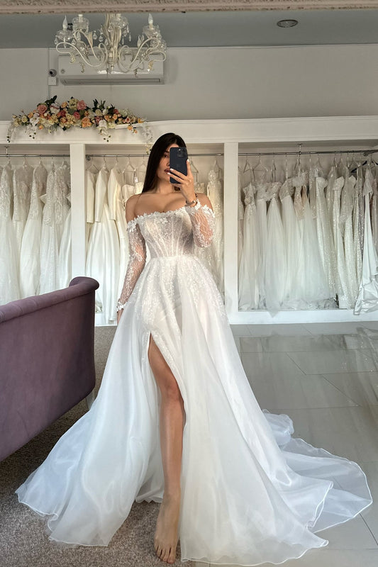 Vestidos de noiva vintage A-Line Tule Lace Sem alças Manga comprida Brancos com frente dividida