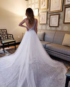 Vintage A-Line V-neck Tulle Open Back Wedding Dress