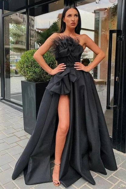 Vestido de fiesta vintage negro sin tirantes, con flores, corte A, largo hasta el suelo y abertura