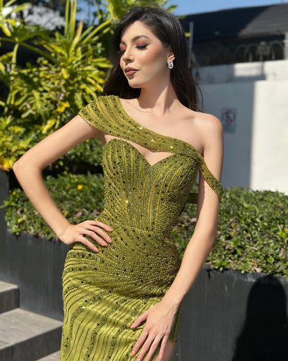 Vestido de fiesta vintage de satén de gasa con escote en forma de corazón y mangas cortas con abertura con lentejuelas