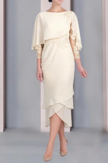 Abito da Sposa Madre della Sposa in Stile Antico con Colonna, Pizzo, Scollo a U, Maniche a Cappuccio, Abiti da Damigella con Applicazioni