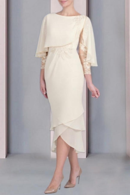 Abito da Sposa Madre della Sposa in Stile Antico con Colonna, Pizzo, Scollo a U, Maniche a Cappuccio, Abiti da Damigella con Applicazioni