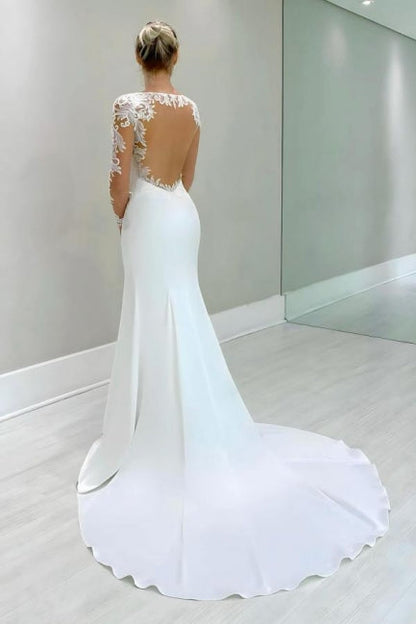 Vintage-Säulen-Brautkleid aus Satin und Spitze mit langen Ärmeln und Applikationen in Weiß