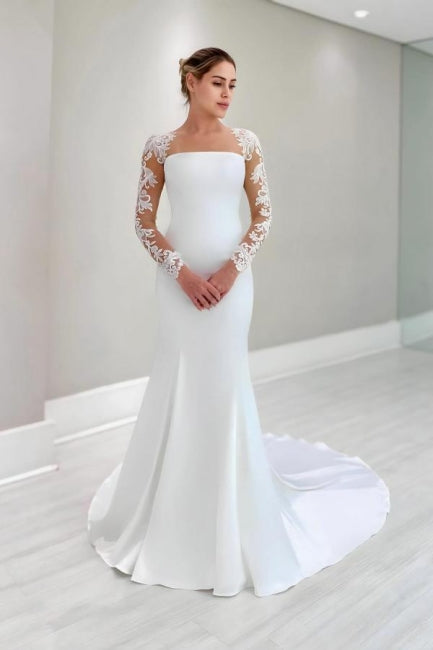 Robe de mariée blanche à manches longues en satin et dentelle avec appliques
