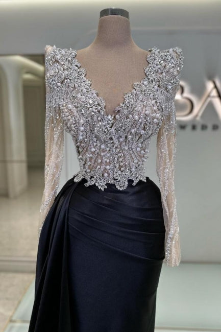Abito da sera nero vintage in raso con pizzo a colonna, scollo a V, maniche lunghe e perline