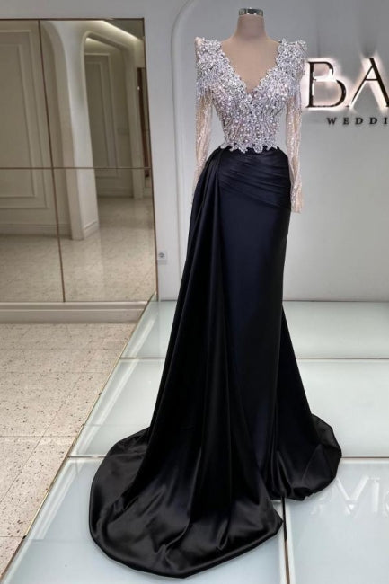 Vestido de fiesta negro vintage de satén con escote en V, manga larga y encaje con cuentas