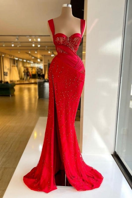 Abito da sera rosso vintage senza maniche con scollo a cuore in raso e spacco