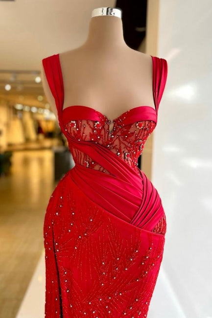 Abito da sera rosso vintage senza maniche con scollo a cuore in raso e spacco