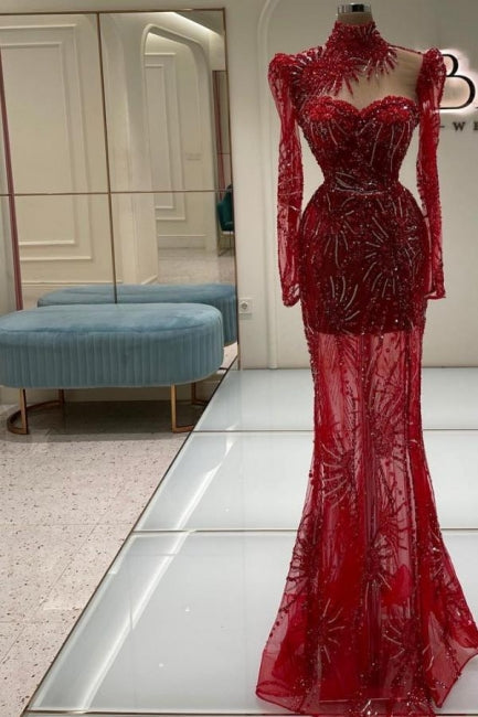 Abito da sera rosso vintage in tulle con scollo a cuore, maniche lunghe e applicazioni