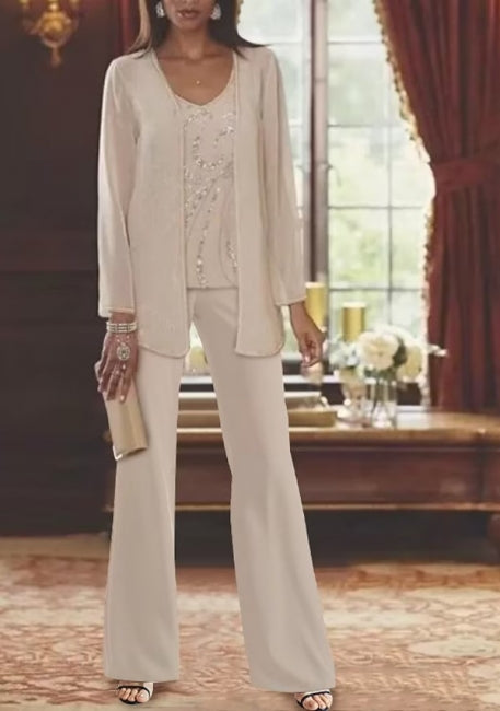 Vestido de madre de dos piezas de gasa con mangas largas y joya vintage con lentejuelas