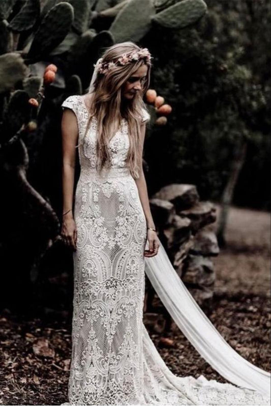 Robes de mariée rustiques en dentelle vintage Robes de mariée bohème à manches courtes WD548