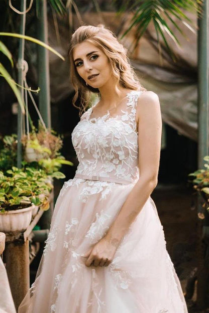 Vintage Spitze U-Ausschnitt A-Linie Tüll Brautkleid