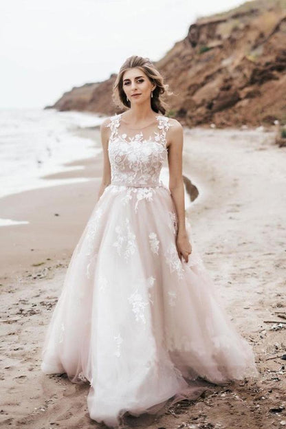 Vintage Spitze U-Ausschnitt A-Linie Tüll Brautkleid