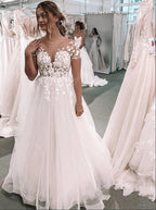 Vintage Long A-Line Bateau Appliques Lace Tulle Wedding Dress with Sleeves